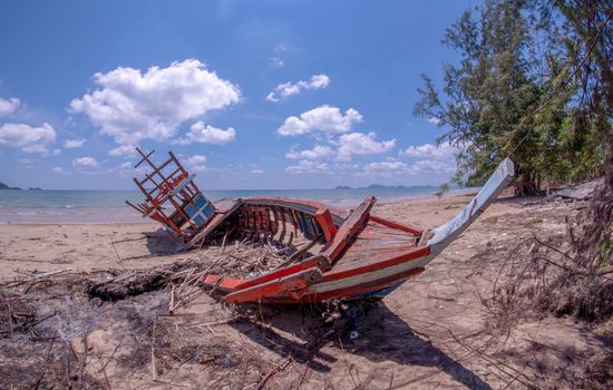 Storm damage. Fishing boat are damaged. Boat collapsed.