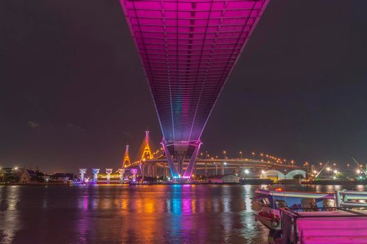 Bhumibol Bridge, Chao Phraya River Bridge. Turn on the lights in many colors at night.