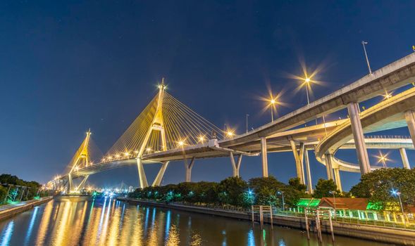 Bhumibol Bridge, Chao Phraya River Bridge. Turn on the lights in many colors at night.