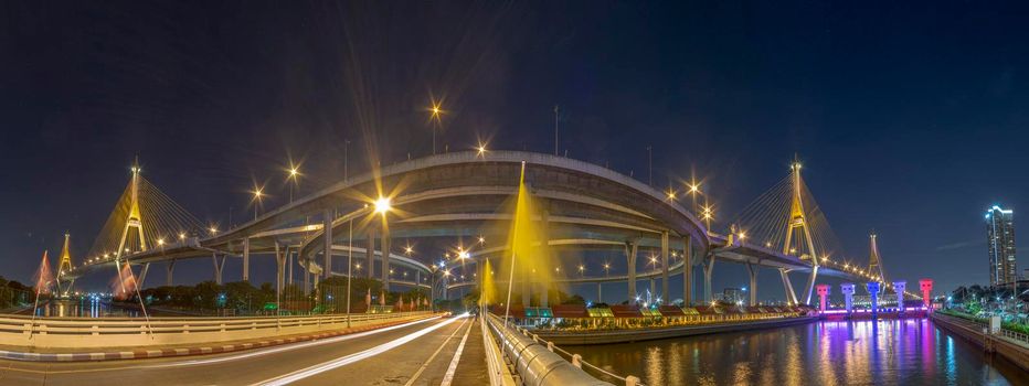 Bhumibol Bridge, Chao Phraya River Bridge. Turn on the lights in many colors at night.