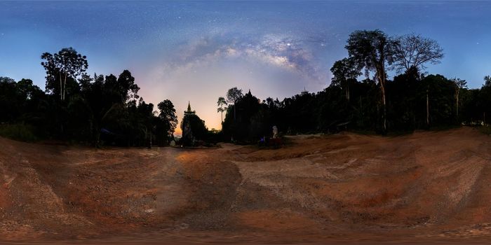 Panorama VR360, the Milky Way above the tree shadow during the Twilight Before sunrise, pagoda on the hilltop