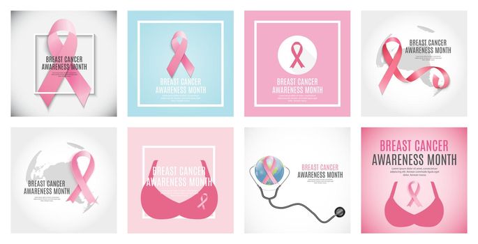 Breast Cancer Awareness Month Pink Ribbon Background Collection Set Vector Illustration EPS10