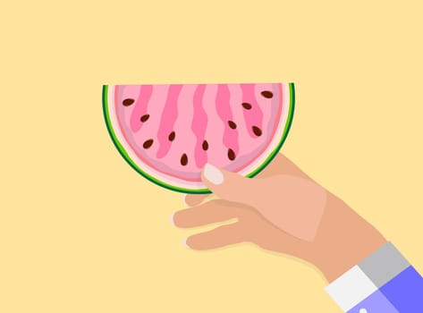 Man's naturalistic hand holds piece of delicious watermelon. Vector Illustration. EPS10