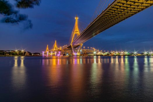 Bhumibol Bridge, Chao Phraya River Bridge. Turn on the lights in many colors at night.