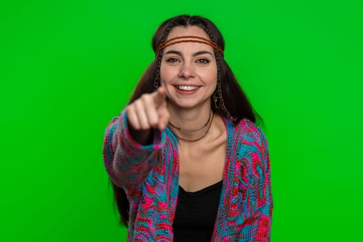 Amused hippie woman pointing finger to camera, laughing out loud, taunting making fun of ridiculous appearance, funny joke anecdote. Pretty girl isolated alone on chroma key background, green screen