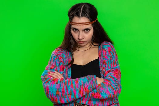 Offended sad nervous woman having misunderstanding, frustrated after quarrel, fail, lose, ignores and does not want to communicate, talk. Girl isolated on chroma key background. People lifestyles