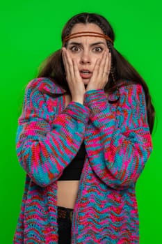 Stressed depressed woman terrified about danger problems, suffering phobia, anxiety disorder, expresses fear, waving no, insecure, stress, panic. Girl isolated on chroma key background, green screen