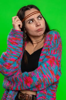 No idea, I dont know answer. Puzzled clueless uncertain attractive woman raising hands in helpless gesture, embarrassed confused by difficult question. Confused girl on green chroma key background