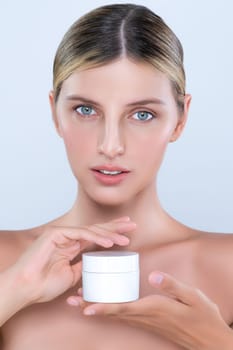 Alluring beautiful perfect cosmetic skin woman portrait hold mockup jar cream or moisturizer for skincare treatment, anti-aging product in isolated background. Natural healthy skin model concept.