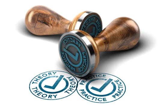 Two round rubber stamps with the word theory and practice with check mark over white backfround. 3D illustration.