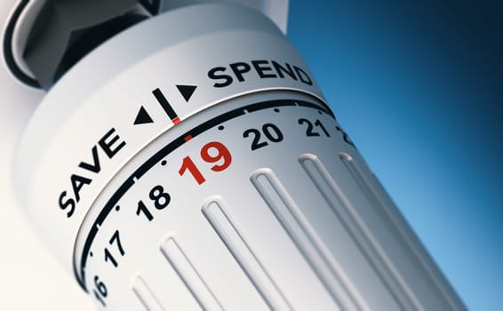 Close up of a thermostat set on 19 degrees with the the words save and spend. Concept of saving or spending money by controlling temperature. 3D illustration.