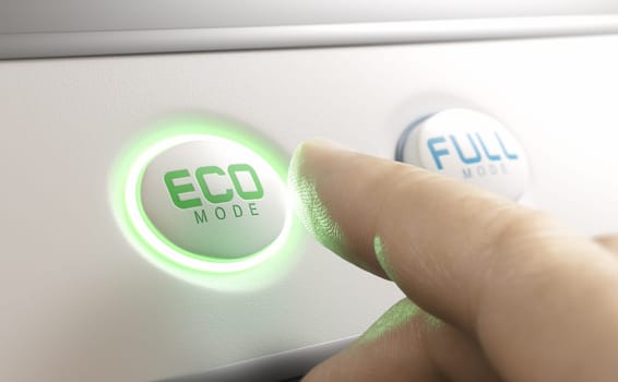 Finger pressing eco mode button. Energy saving and reducing electricity concumption concept.