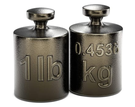 Convert one pound to kilograms. Weight with 1 lb and another one with 0.4536 kg over white background, 3d illustration.