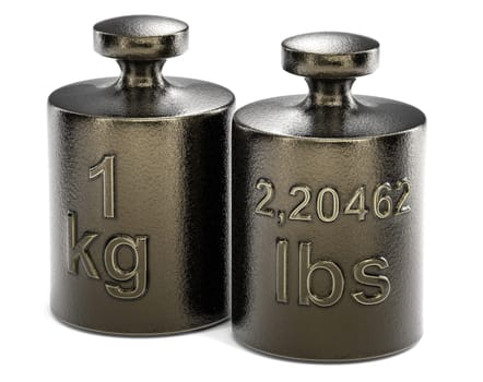 Convert one kilogram to pounds. Weight with 1 kg and another one with 2,2046 lbs over white background, 3d illustration.