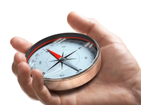 Hand holding a compass over white background. Strategic orientation or direction concept.