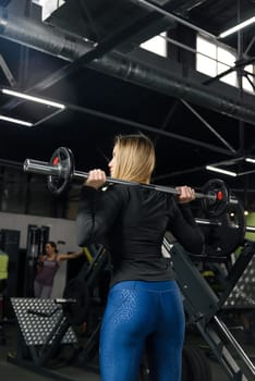 Barbell press, woman and exercise for fitness, workout and sports training in gym. power and energy.