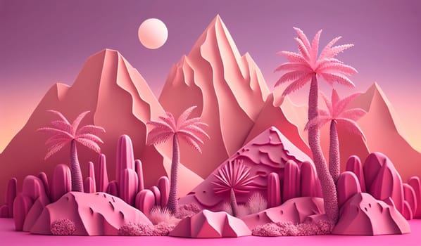 AI Generated illustration of palm trees and mountains. Travel and paradise island concept on pink background