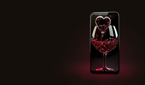 AI Generated banner with smartphone and glass of wine on black background. Online dating and romantic dating concept. Augmented reality