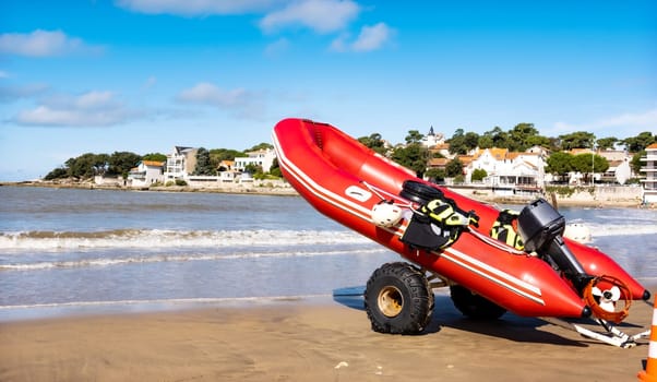 Rubber boat kayak on beautiful sea beach in sunny day. Fishing and travel transportation on scenic seascape