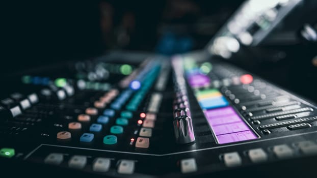 Sound control music mixer in record studio. Close up mixer and equalizer volume on the mixer amplifier. Digital audio system