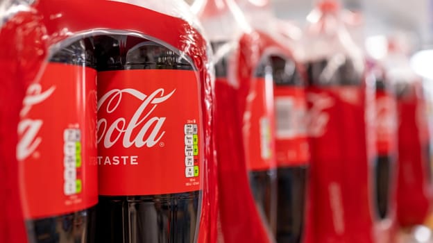 Coca Cola bottles pack in supermarket closeup. Coke fresh american beverage from global famous company label. Poznan, Poland, 2020-09-06