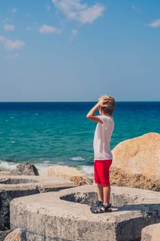 A boy is looking at the ocean and the sky is blue Vertical format.