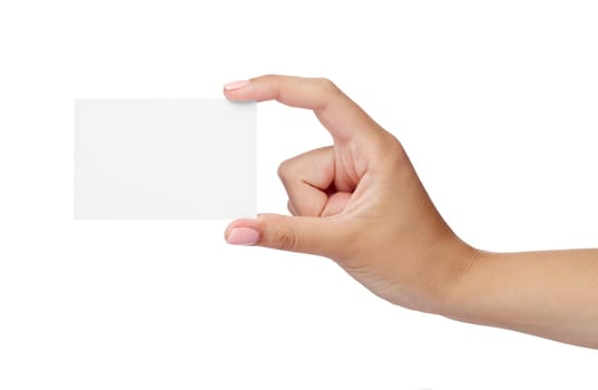 close up of a female hand holding blank note card sign on white background