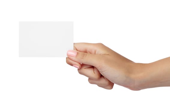 close up of a female hand holding blank note card sign on white background