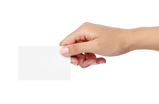 close up of a female hand holding blank note card sign on white background