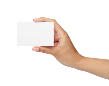 close up of a female hand holding blank note card sign on white background