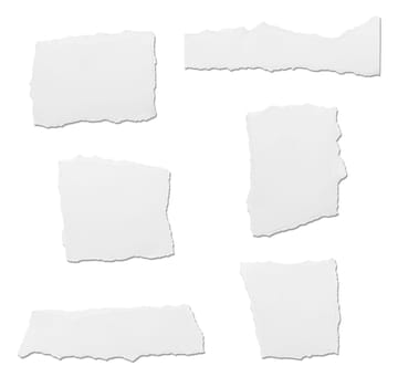 collection of white ripped pieces of paper on white background. each one is shot separately