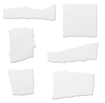 collection of white ripped pieces of paper on white background. each one is shot separately