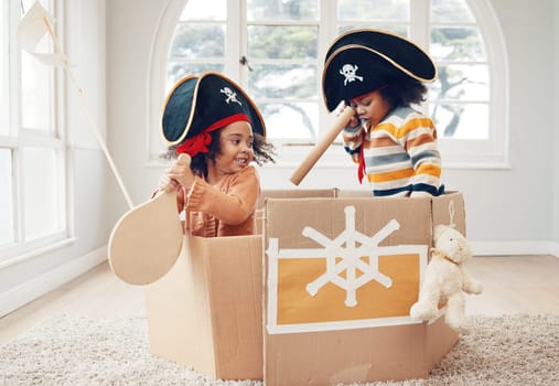 Playing, box ship and pirate kids role play, fantasy imagine or pretend as yacht captain in cardboard container. Creative sailor, fun home game or sailing black children on Halloween cruise adventure.