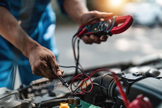 Close up technician uses multimeter voltmeter to check voltage level in car battery. Service and Maintenance car battery...