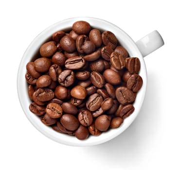 close up of a coffee cup with coffee beans on white background