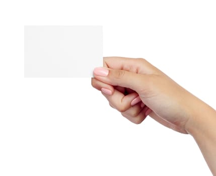 close up of a female hand holding blank note card sign on white background