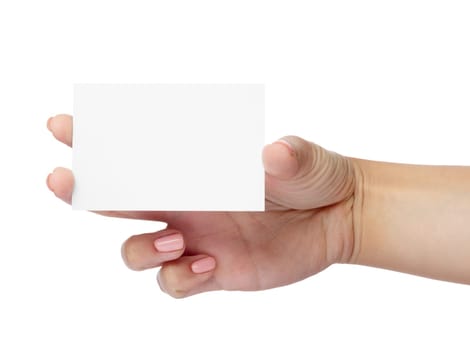 close up of a female hand holding blank note card sign on white background