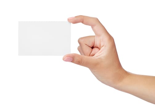 close up of a female hand holding blank note card sign on white background