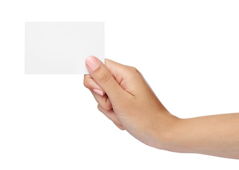 close up of a female hand holding blank note card sign on white background