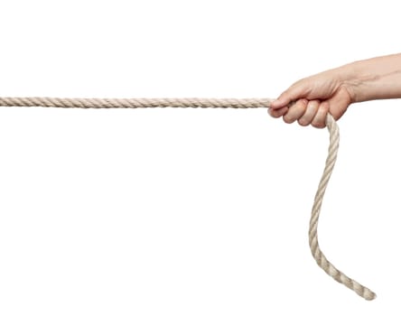 close up of a hand pulling a rope on white background