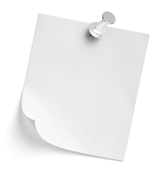 close up of a note paper with a push pin on white background
