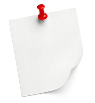 close up of a note paper with a push pin on white background