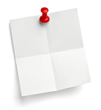 close up of a note paper with a push pin on white background