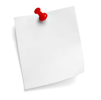 close up of a note paper with a push pin on white background