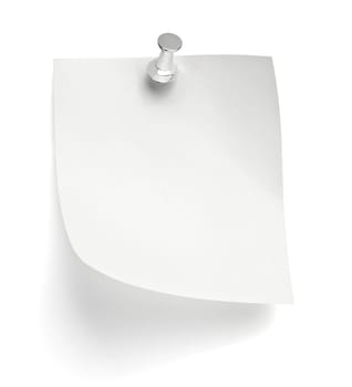 close up of a note paper with a push pin on white background