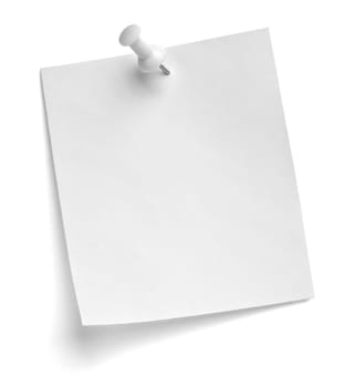 close up of a note paper with a push pin on white background