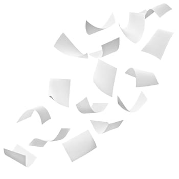 close up of flying papers on white background