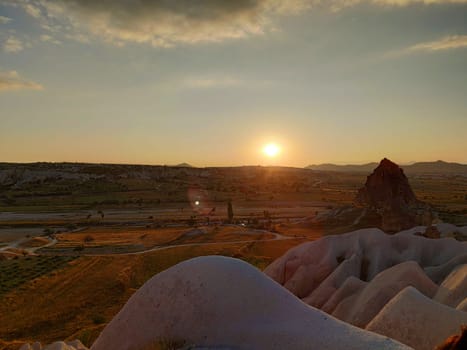Sunset behind the Sandstone hills of Cappadocia in Turkey