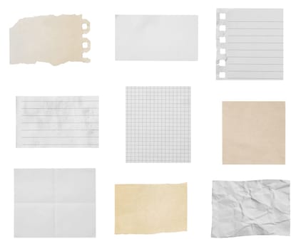 collection of various ripped pieces of paper on white background. each one is shot separately