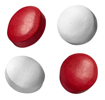 collection of various white and red pills on white background